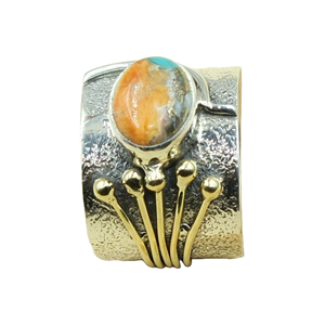 Orange Spiny Oyster Turquoise Handmade <b>Ring</b> 925 Sterling Silver And Brass <b>Statement</b> Vintage Artisan Gemstone Jewelry For Women - Product Image 1