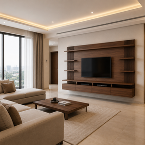 Meuble TV mural moderne en teck sur mesure, armoire de divertissement flottante pour hôtel, maison, appartement, villa et grands projets d'aménagement intérieur - Product Image 4