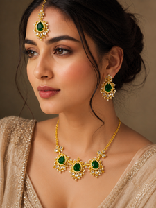 Classic 18K Gold Plated Green <b>Boho</b> <b>Necklace</b> Set with Statement Stud Earrings and Maangtika Wholesale Set Customization available - Product Image 3