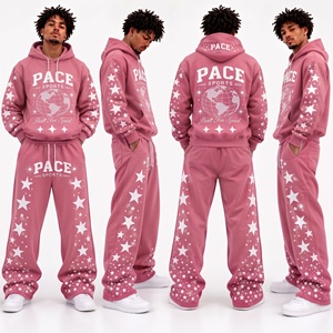 Conjunto deportivo vintage para hombre, color granate burdeos, sudadera con capucha y estampado gráfico de estrellas, pantalones deportivos anchos y holgados, forro polar grueso, conjunto de 2 piezas. - Product Image 3