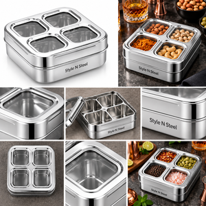 Boîte à épices en acier inoxydable à 4 compartiments avec couvercle transparent, ensemble de contenants à condiments pour la cuisine et la salle à manger - Product Image 2