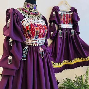 Elegant Afghan Kuchi Long <b>Maxi</b> Dress With Full Floor Length Flared <b>Skirt</b> Ornate Neckline Embroidery And Traditional - Product Image 2