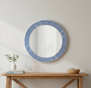 Espejo Redondo con Incrustaciones de Hueso y Rayas Azules — Espejo Decorativo de Pared Hecho a Mano - Product Image 1