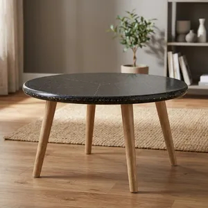 Mesa de Centro Moderna Redonda con Tapa de Mármol Negro y Patas de Madera Natural para Sala de Estar - Product Image 3