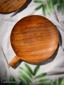 Plateau de service rond en bois naturel avec poignée, motif grain de bois poli, plateau pour café, thé, petit-déjeuner - Product Image 3