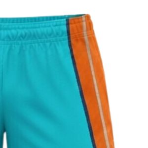 Shorts de netball unisexe turquoise et orange sublimés, en polyester, coupe athlétique, vêtements de sport avec panneau latéral rayé, tenue de match d'équipe - Product Image 3