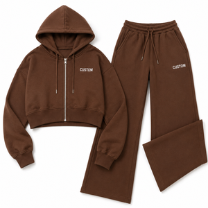 OEM Brown <b>Cropped</b> <b>Zip</b> <b>Up</b> Tracksuit Set Wide Leg Pants Casual Athleisure OEM Private Label Custom Logo Sweatshirt And Sweatpants - Product Image 3