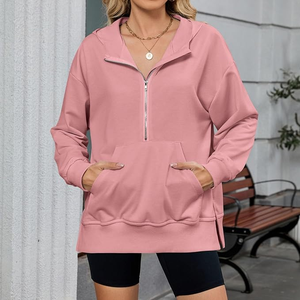 Sudadera con capucha de punto transpirable de manga larga para mujer con logo personalizado Loveda, informal, holgada, con cremallera y bolsillos, ideal para invierno. - Product Image 4