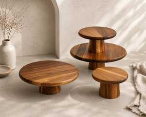 Hand Crafted Wooden <b>Cake</b> <b>Stand</b> Set, Rustic Round Dessert Display Pedestal, Farmhouse Tea Party Tray - Product Image 2