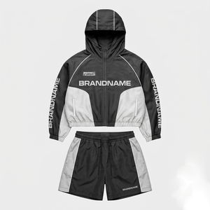 Conjunto corto cortavientos para mujer, 120 GSM, tejido ligero de poliéster softshell, color marrón y rosa con paneles en contraste, logotipo sublimado, talla grande - Product Image 3