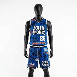 Conjunto de camiseta y pantalones cortos de baloncesto para hombre, 180 GSM, malla de poliéster azul, impresión por sublimación, logotipo personalizado. - Product Image 1