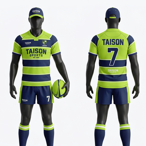 Uniforme de rugby personnalisé en polyester interlock 280 GSM, design à panneaux rayés vert lime et bleu marine, impression par sublimation, logo. - Product Image 1