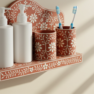 Handcrafted Bathroom Accessory Suite 5-Piece Terracotta Floral Wall Shelf Decorative Arched Vanity Organizer for <b>Soap</b> & Brushes - Product Image 6