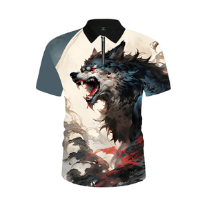 Polo con estampado digital de lobo oscuro rugiente para hombre |   Camiseta Artística con Cierre de Cremallera 1/4 Sublimada |   Ropa de Verano con Motivos Animales en Tonos Fríos y Atrevidos - Product Image 3