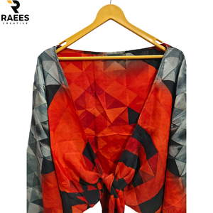 New Arrival Wrap Top Tie Top Fashionable New Printed Silk Wrap Top Bell Sleeves Crop Top <b>Tunic</b> Dress For Women - Product Image 6