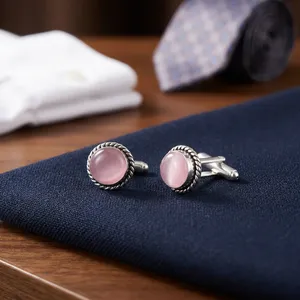 Designer Handmade Pink Cat's Eye Gemstone Cuff Links Set In 925 Sterling Silver Plated Jewellery Best For Wedding Gifting Favors - Product Image 2