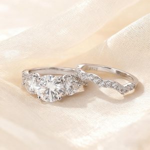 Romantic Moissanite Round Cut Dual Proposal <b>Ring</b> <b>Set</b> For Women's Original 925 <b>Silver</b> Fine for Anniversary Gift For Partners - Product Image 1