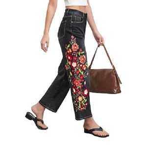 Pantalones vaqueros de mezclilla de cintura alta para mujer, con bordado floral, corte holgado, estilo bohemio, hasta el tobillo, de algodón, para verano - Product Image 1