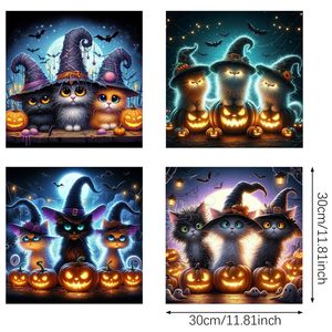 Paquete de 4 Kits de Pintura de Diamantes 5D de Halloween para Adultos, Gato Negro y Calabaza, 11.8 x 11.8 Pulgadas, Decoración de Pared, Arte de Diamantes de Imitación - Product Image 4