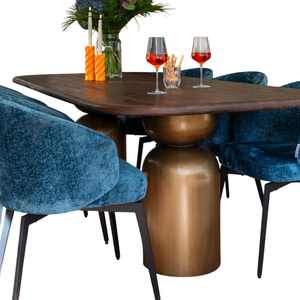 Table à manger moderne de luxe en bois de manguier massif, plateau octogonal brun, avec base en métal doré à deux pieds, pour cuisine de villa. - Product Image 3