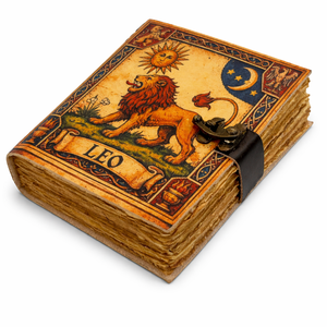 Journal en cuir fait main avec cadran du zodiaque Lion et serrure - Carnet d'astrologie vintage et bloc-notes en papier à bords festonnés colorés - Product Image 1