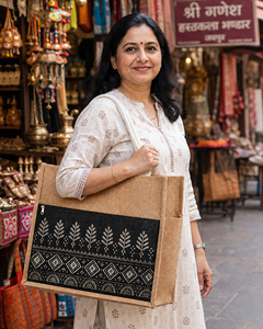 Sac fourre-tout en jute écologique surdimensionné avec poche avant zippée, panneau imprimé noir, grande capacité - Product Image 2