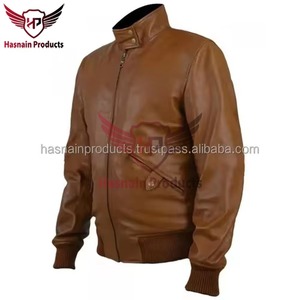 Chaqueta Bomber de Cuero Genuino para Hombre, Cuello Alto, Piel de Vacuno, Doble Bolsillo, Ribete de Punto, Clásica, Cálida para Invierno - Product Image 3
