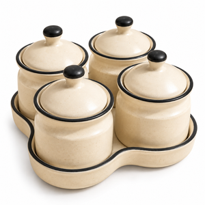 Ensemble de pots en céramique crème avec couvercles, poignées à bordure noire, quatre récipients de stockage alimentaire avec base |   Organisation du plan de travail de cuisine - Product Image 1