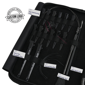 Black Hair Extension Tools Kit with Flat Bead Crimper Wire Loop Threader Black Duckbill Hair <b>Clips</b> C-Shape Extension Needles - Product Image 3
