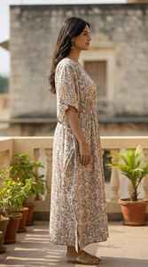 Robe kaftan en coton fleuri pour femmes, col en V, coupe décontractée, tenue de salon d'été - Product Image 2