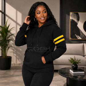 Sweat-shirt à capuche noir avec rayures jaunes sur les manches de la sororité Cosh International, coupe décontractée, manches longues - Product Image 3