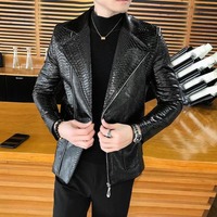 Veste de motard en cuir de vachette noir pour homme, effet crocodile, tendance