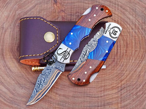 Industrial DIY Grade Copper Damascus Steel Folding Pocket Knife Steel Bolster Stone Wood Handles-Multi-Functional Hunting Knife - Product Image 3