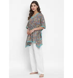 Fabulous Multicolored Turquoise Hand Block Printed Floral Short Kaftan Ladies Dress With White Pajama Crafted with Soft Cotton