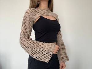 Cárdigan de punto fino con hombros descubiertos y manga larga para mujer, estilo bohemio, color liso, para verano - Product Image 1