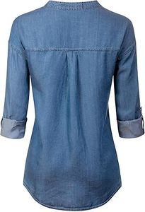 Camisa de mezclilla azul ajustada para mujer, blusa con botones, tela transpirable, informal, para verano, ropa exterior, camisas con logo personalizado - Product Image 3