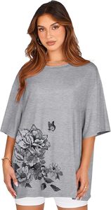 T-shirt décontracté en jersey de coton à imprimé floral gris à col rond et manches courtes pour femme, coupe ample, printemps-été - Product Image 5