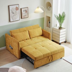Divano Letto con Braccioli Regolabili in Tessuto Chenille Giallo, Presentato in Video, Divano a Due Posti Trasformabile - Product Image 1