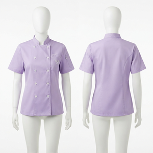 เสื้อเชฟผู้หญิง 200 GSM ผ้าคอตตอนโพลีทวิลล์พรีเมียม สีลาเวนเดอร์ แขนสั้น ปักลายตามสั่ง พิมพ์ลาย ป้ายทอ ชุดยูนิฟอร์ม - Product Image 1
