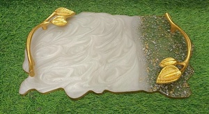 Luxury Leaf Shape Resin <b>Tray</b> with <b>Gold</b> Handles 12 Inch Decorative <b>Serving</b> <b>Tray</b> Handmade Gift <b>Tray</b> - Product Image 3