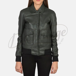 Premium Women Dark Green Real <b>Leather</b> Bomber <b>Jacket</b> Classic Shirt Collar Slim Fit Soft Sheepskin Casual Flight Coat - Product Image 6