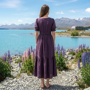 Organic 100% Cotton Vintage V-neck Bell Sleeve Midi <b>Dress</b> Women High Waist Tiered A-Line Breathable Plain Dyed Handmade Summer - Product Image 2