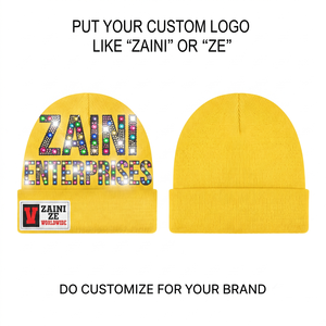 ZAINI Premium 100% Acrylic Knit Fabric 320 GSM Yellow Unisex Beanie <b>Cap</b> Custom Rhinestone Logo Woven Patch <b>Winter</b> Casual Daily - Product Image 1