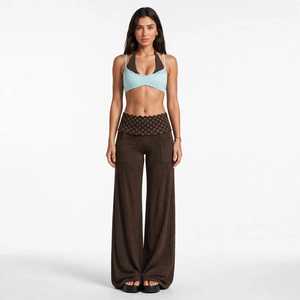 Ensemble de yoga 2 pièces pour femme, haut court vert menthe, pantalon évasé à taille en maille marron - Product Image 5
