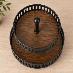 Support à gâteau rond à deux niveaux en acier inoxydable avec base en bois écologique, plateau de service pour la cuisine - Product Image 2