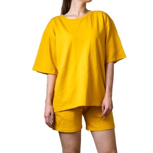 Women's Yellow 2-Piece <b>Knitted</b> <b>Set</b> O-Neck Short Sleeve Top With Above Knee Shorts Solid Loose Fit Casual Spring Summer Wear - Product Image 1