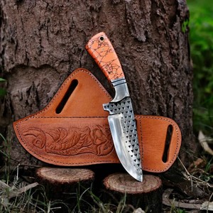 Couteau de chasse et de dépecage artisanal en acier Damas, manche en résine orange, lame pleine longueur, pour activités de plein air, camping, survie, OEM/ODM, DIY - Product Image 1