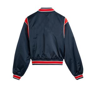 Bombardero de satén de alta calidad para mujer, chaqueta universitaria deportiva, chaqueta universitaria con botones delanteros de tela de satén recortada, chaqueta universitaria con letras bordadas - Product Image 2