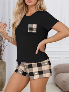 Men's/Women's Couple Style Printed Short Sleeve 100% Cotton Eco-Friendly Breathable Solid Loungewear Shorts Set Women's Printed - Product Image 4