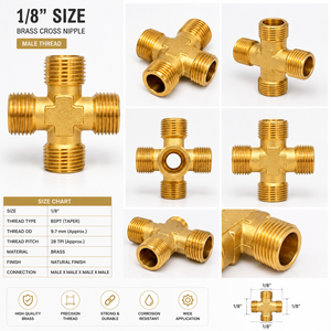 Conexión de Tubería en Cruz Igual de Latón Forjado con Rosca Macho de 1/8'' |   Conector NPT de 4 Vías |   Superficie Pulida para Aplicaciones de Plomería - Product Image 2